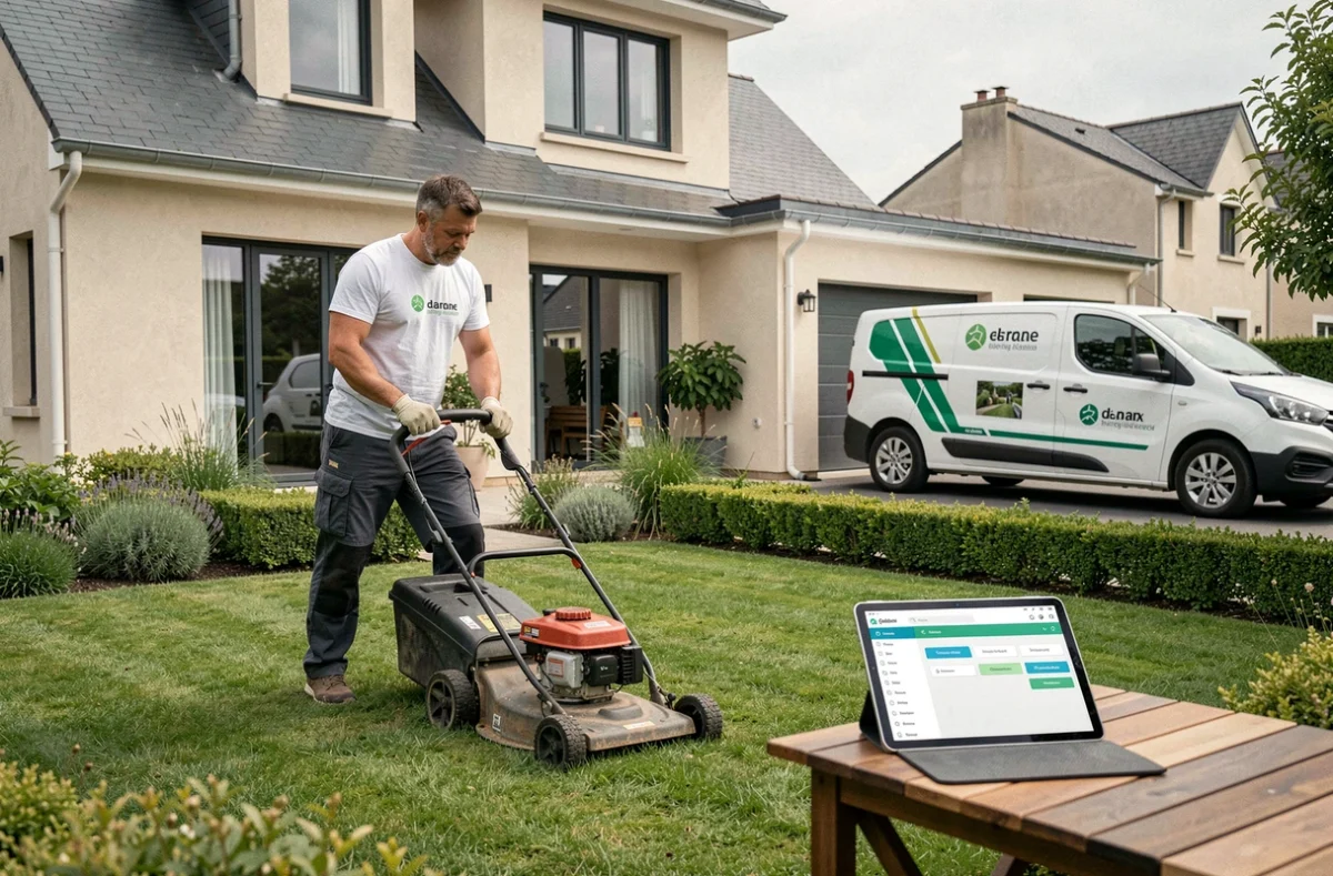 Jardinier d'A-domicile.net tondant une pelouse suburbaine avec une tablette de gestion de services visible sur une table de jardin à proximité