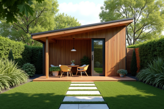 Abri de jardin moderne en bois avec toit en pente et verdure