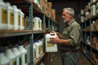 Agriculteur examinant un bidon de 5 litres d'herbicide dans un magasin agricole espagnol