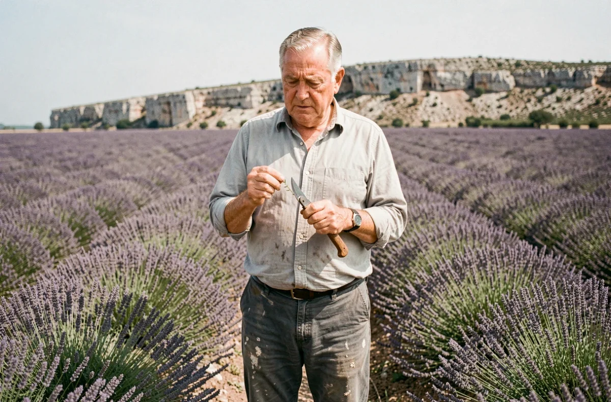 Agriculteur examinant des tiges de lavande en fin de floraison dans un vaste champ provençal avant la taille