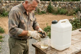 Agriculteur mesurant une dose de glyphosate dans un verre doseur à côté d'un pulvérisateur de 5 litres sur un établi extérieur