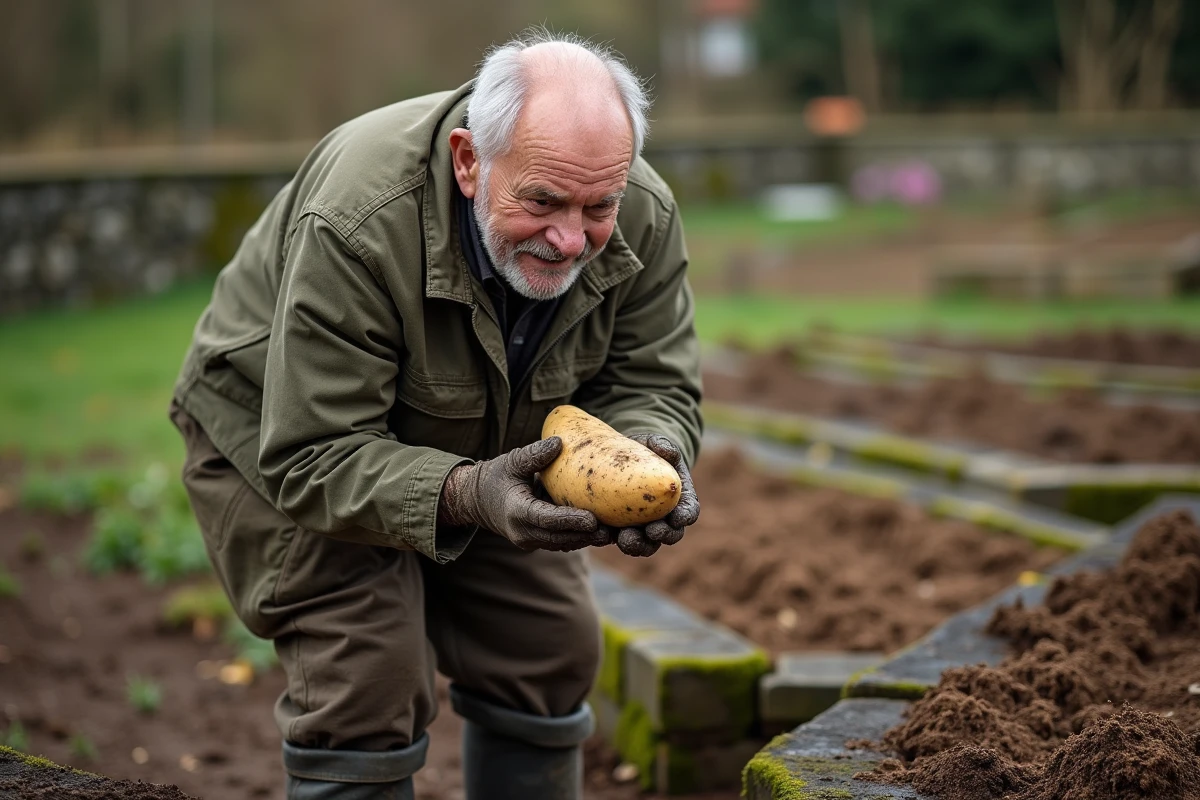 Agriculteur âgé inspectant une pomme de terre fraîchement déterrée dans un jardin potager avec des plants en fin de saison