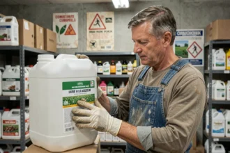 Agriculteur lisant l'étiquette d'un produit herbicide à base de glyphosate dans un magasin agricole