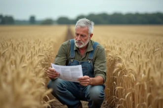 Agriculteur français lisant une réglementation sur le glyphosate dans un champ de blé en France