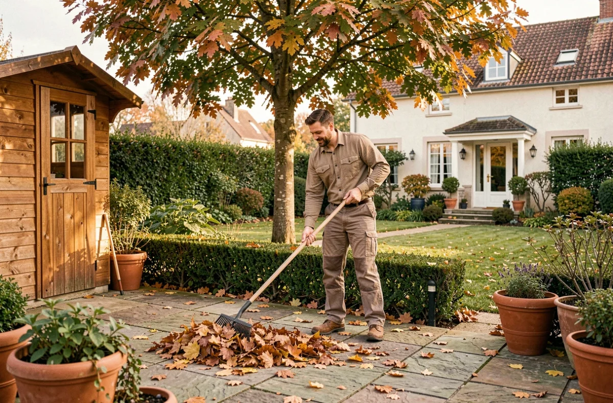 Assistant de jardin d'Aide au Top ratissant des feuilles mortes et balayant une allée dans un jardin résidentiel en automne avec des teintes ambrées