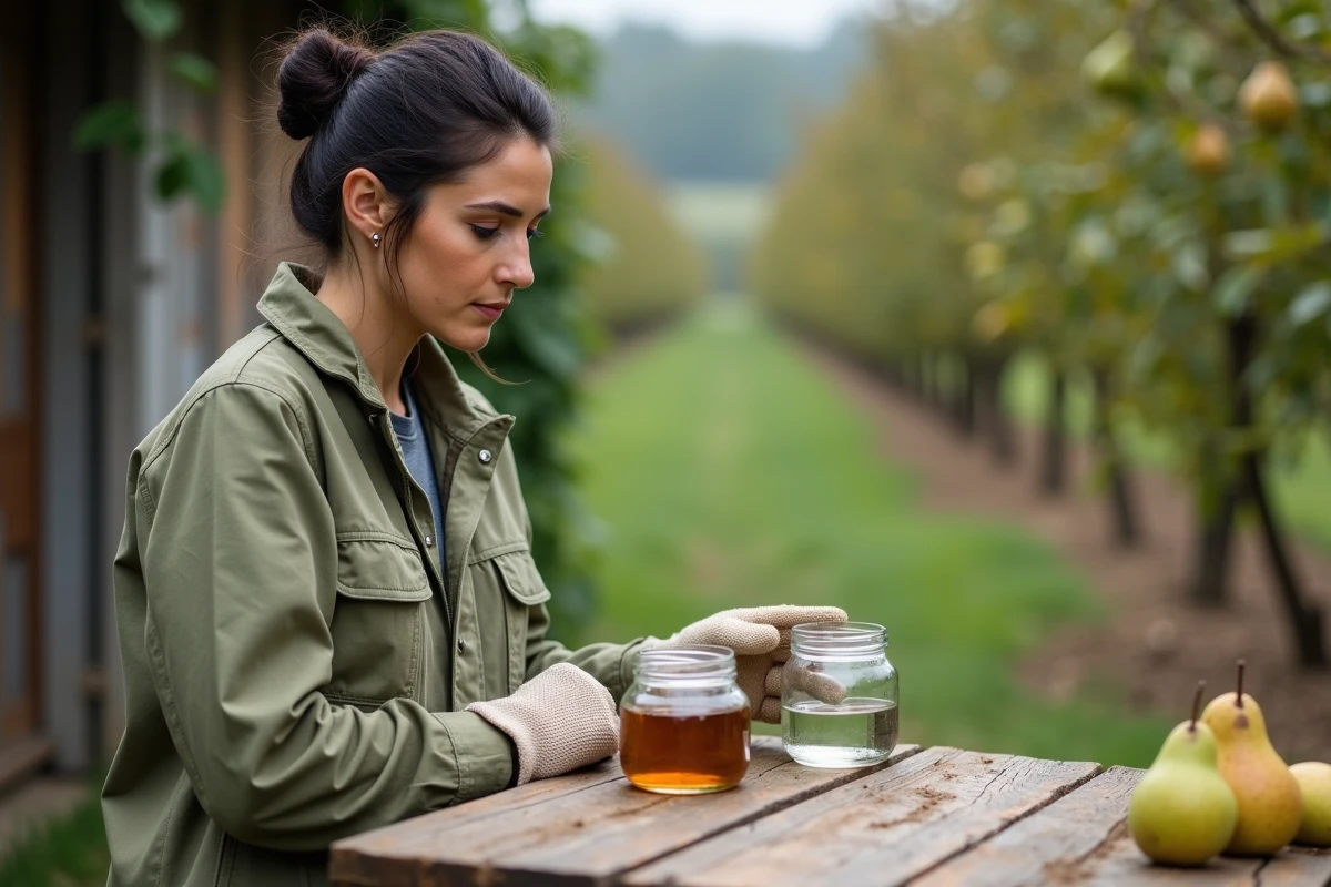 Agricultrice comparant des alternatives à la bouillie bordelaise sur un établi en bois dans un verger de poiriers, préparant la transition vers des traitements biologiques