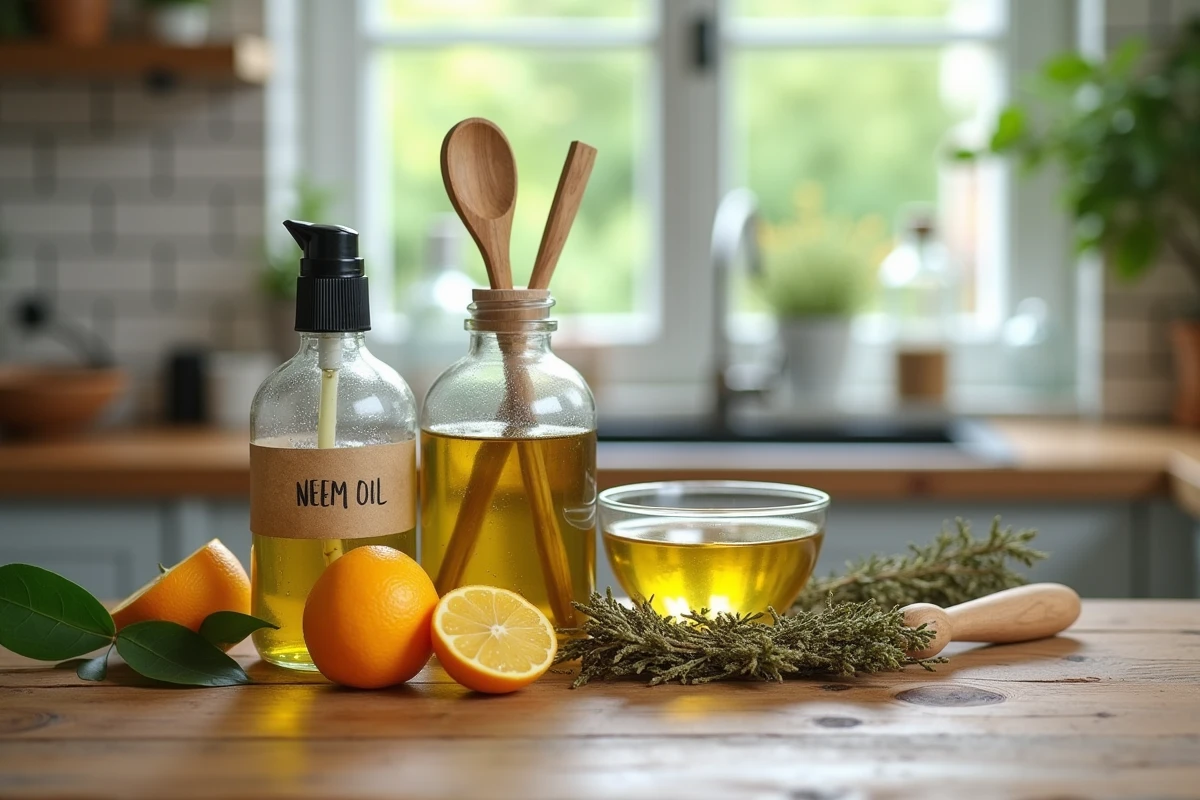 Ingrédients naturels pour traiter les cochenilles du citronnier posés sur un comptoir en bois