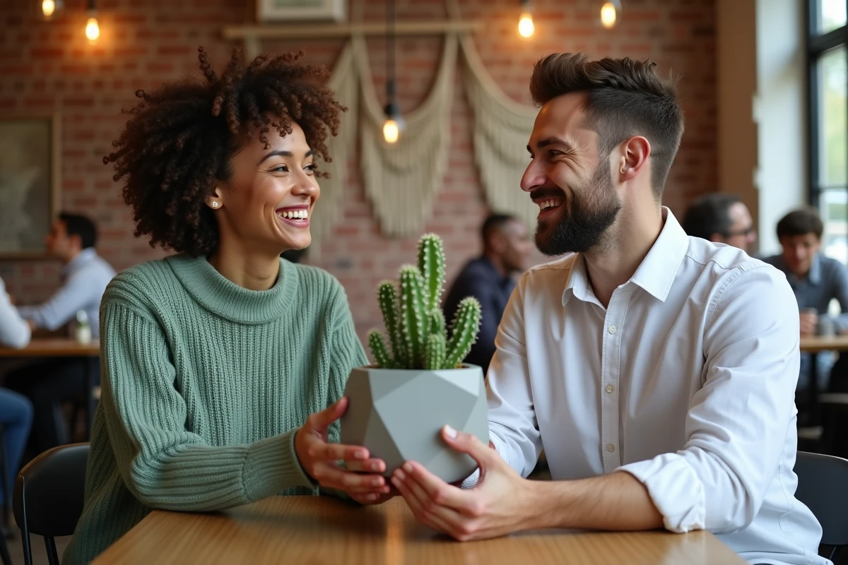 Deux amis échangeant un cactus en pot dans un café urbain, symbolisant l'amitié et le cadeau végétal
