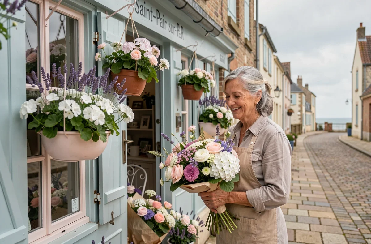 Fleuriste arrangeant des bouquets devant la boutique Anne Freret à Saint-Pair-sur-Mer dans la Manche
