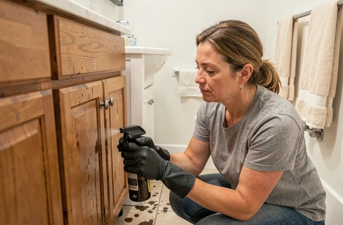 Femme appliquant une solution de savon noir au pied d'un meuble de salle de bain pour éloigner les fourmis