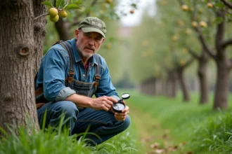 Arboriculteur inspectant un pommier dans un verger traditionnel français au printemps, en anticipation de l'interdiction de la bouillie bordelaise