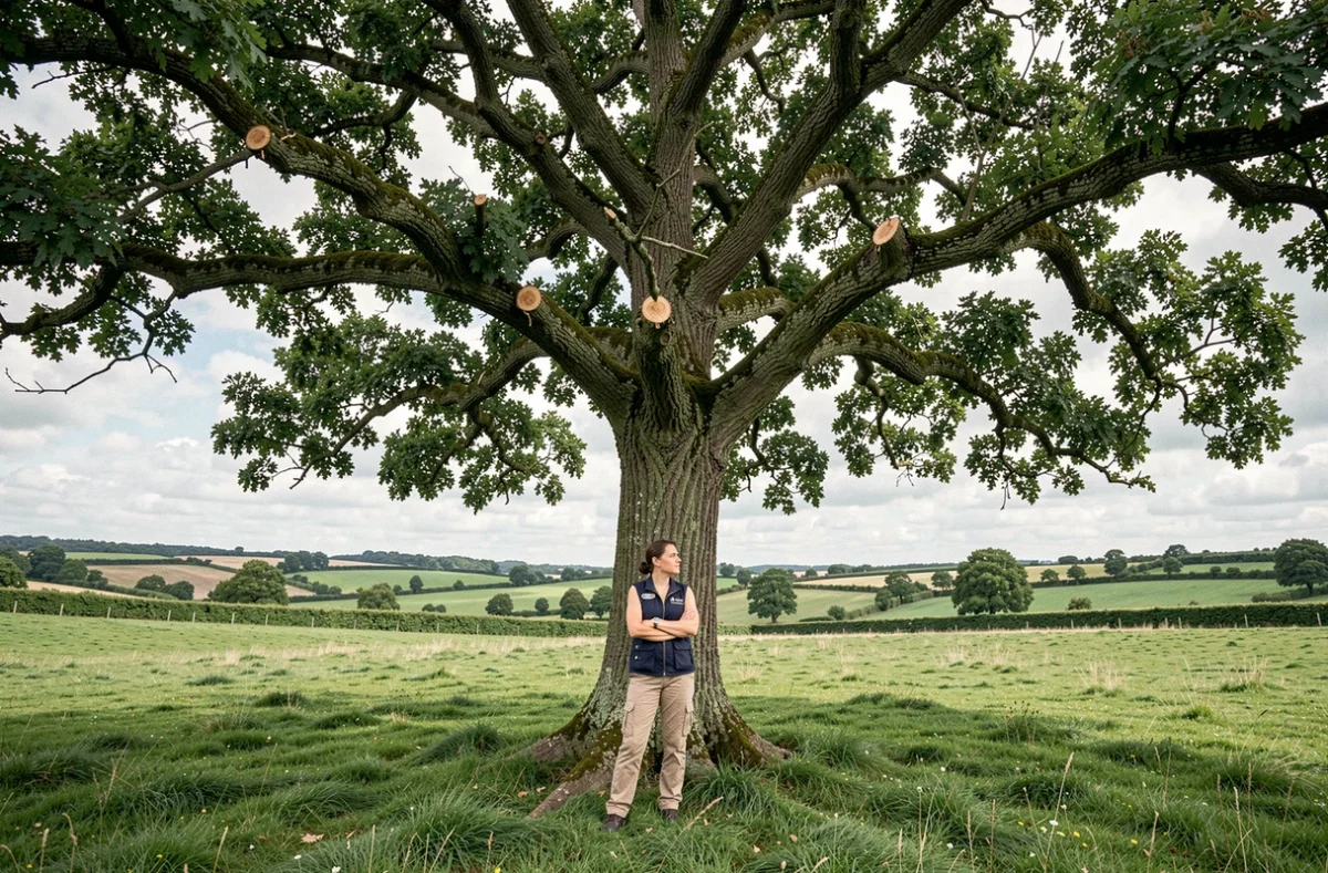 Arboriste évaluant un vieux chêne élaguée en pleine campagne dans un pré verdoyant