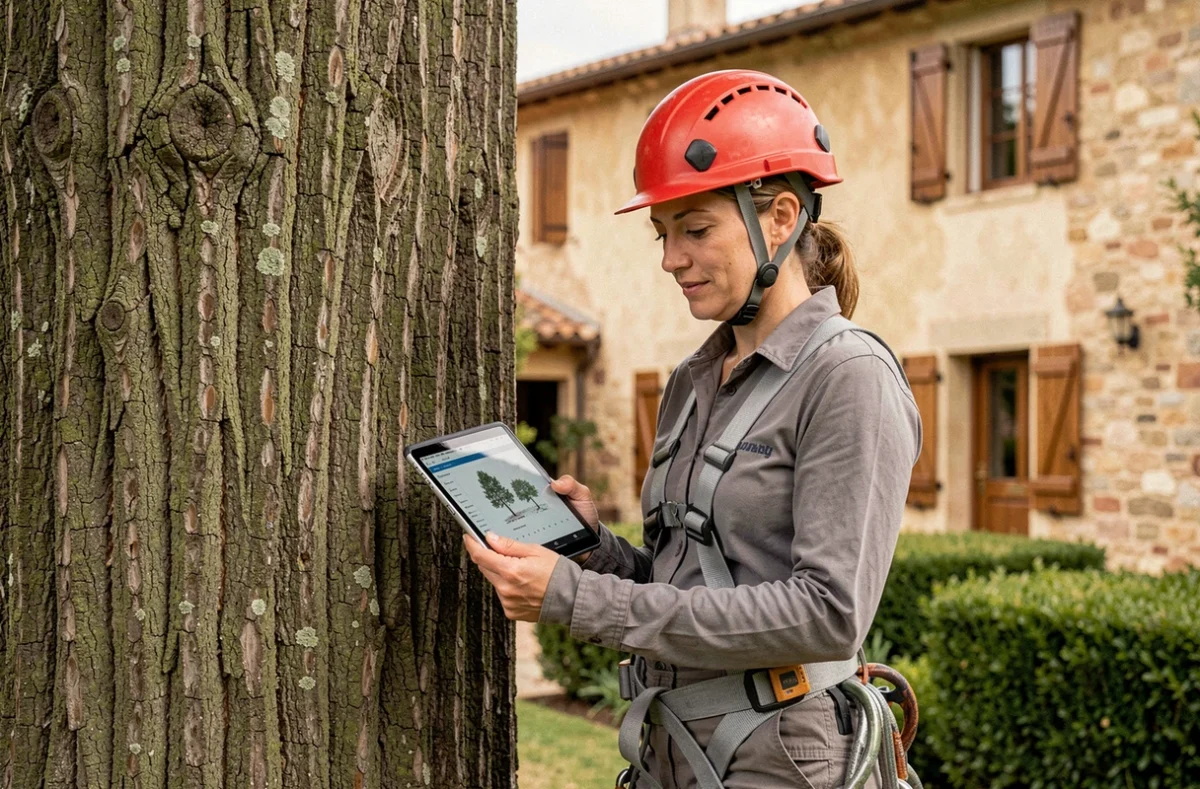 Arboriste féminine consultant un rapport d'élagage sur tablette devant une ferme provençale en Vaucluse