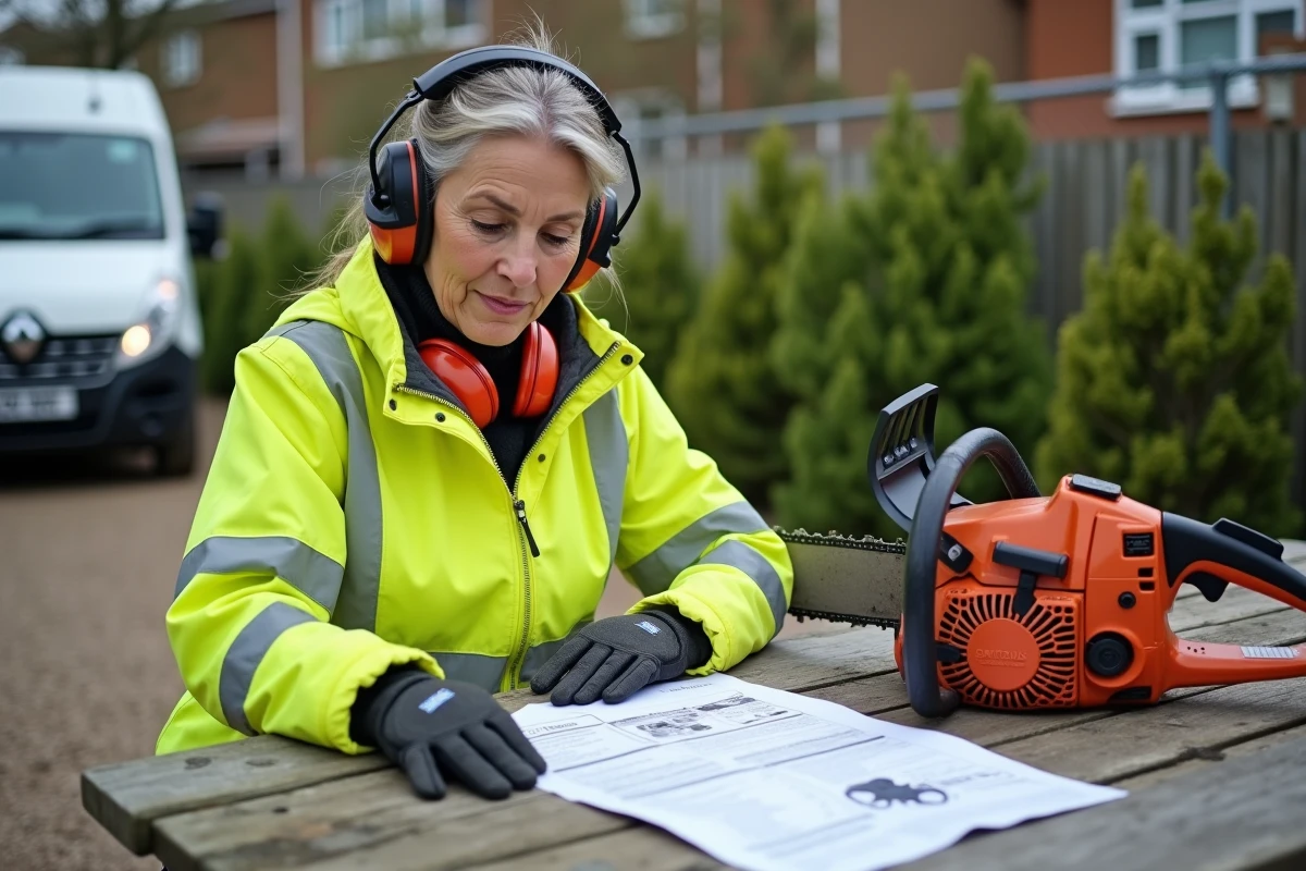 Arboriste féminine consultant la fiche technique d'une tronçonneuse STIHL MS 211 dans un dépôt extérieur, focus sur l'ergonomie et la sécurité