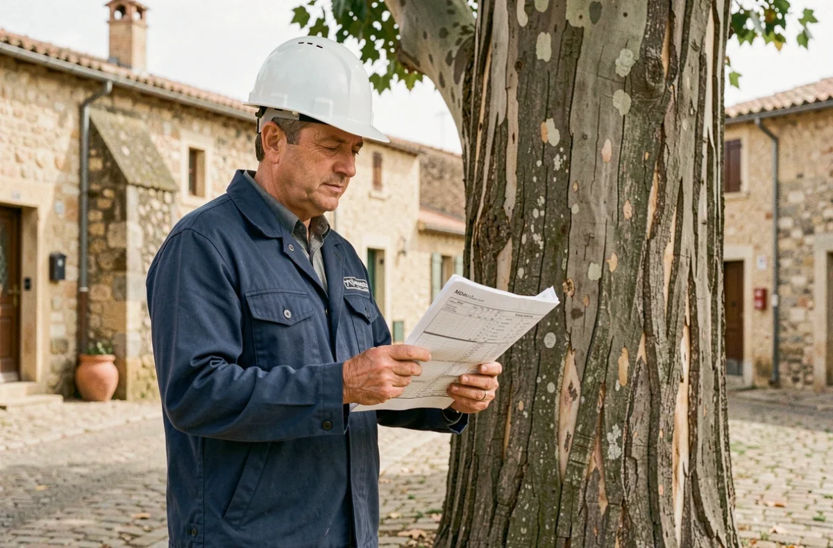Arboriste certifié inspectant un platane en bord de route dans un village du Vaucluse