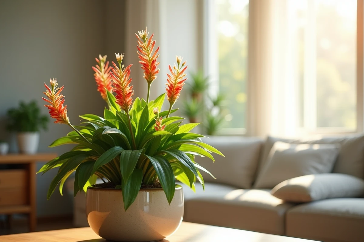 Arbre à crevette compact et bien taillé dans un pot en céramique à l'intérieur d'un salon