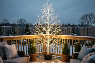 Arbre lumineux LED extérieur sur une terrasse en bois en hiver avec branches éclairées en blanc chaud