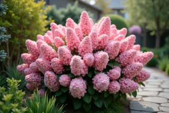 Arbuste fleuri rose en pleine floraison printanière dans un jardin résidentiel avec allée en pierre