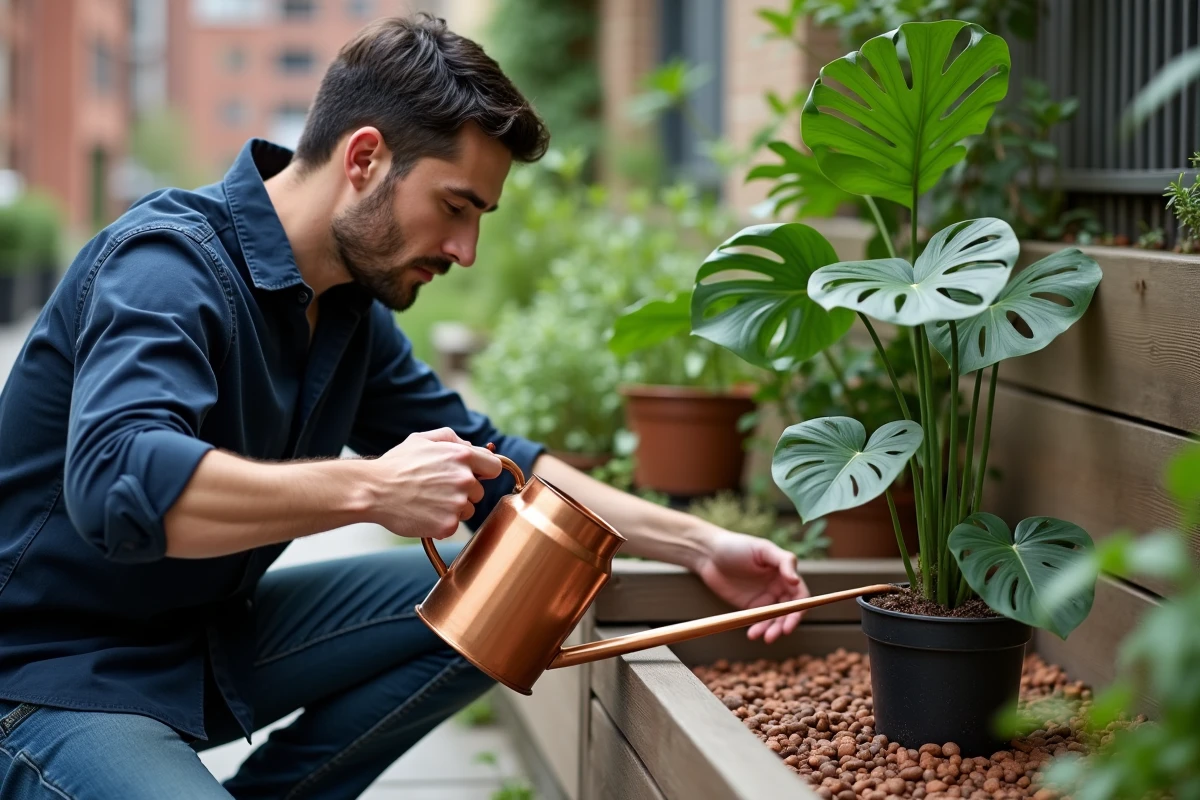 Homme arrosant un monstera en pot posé sur des billes d'argile sur un balcon urbain avec arrosoir en cuivre
