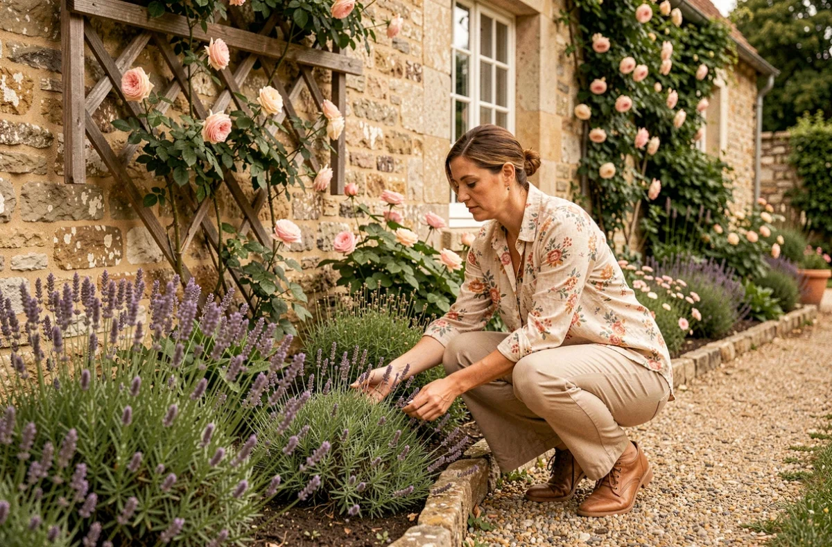 Conceptrice de jardin Au Clair du Jardin arrangeant lavande et rosiers dans un jardin de style cottage dans les Yvelines