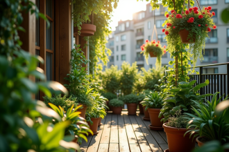 Balcon urbain transformé en oasis vert avec plantes