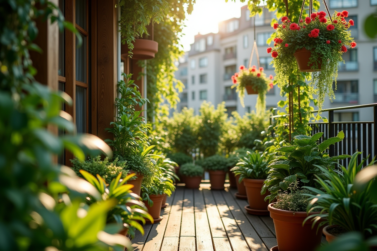Balcon urbain transformé en oasis vert avec plantes