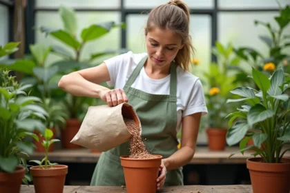Femme versant des billes d'argile dans un pot en terre cuite pour améliorer le drainage des plantes d'intérieur