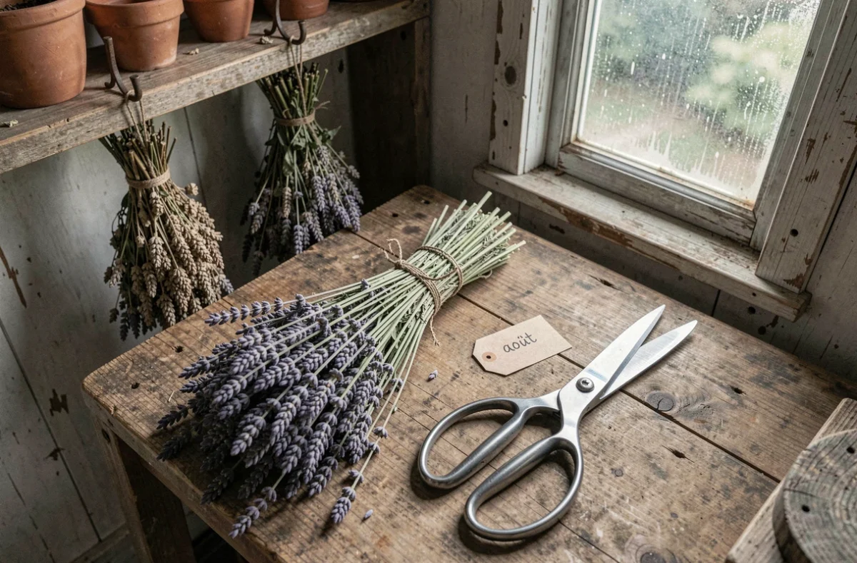Bouquets de lavande fraîchement coupée posés sur un établi en bois rustique avec des ciseaux de jardin