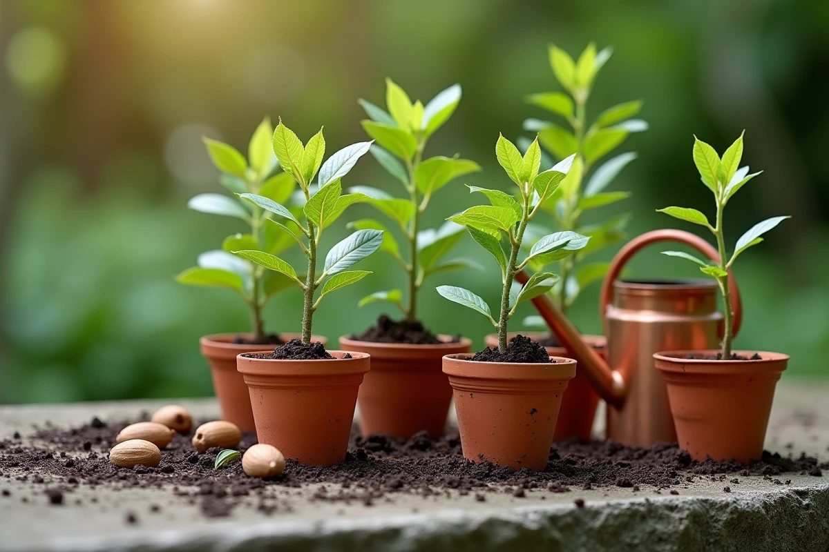 Boutures de noyer en pots de terre cuite sur une table de jardin au printemps