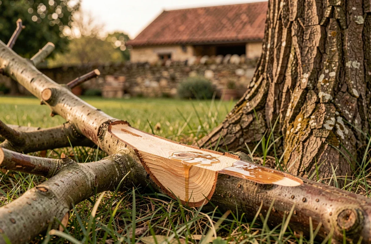 Gros plan sur des branches fraîchement élaguées avec des coupes nettes révélant le grain du bois, dans un jardin gascon
