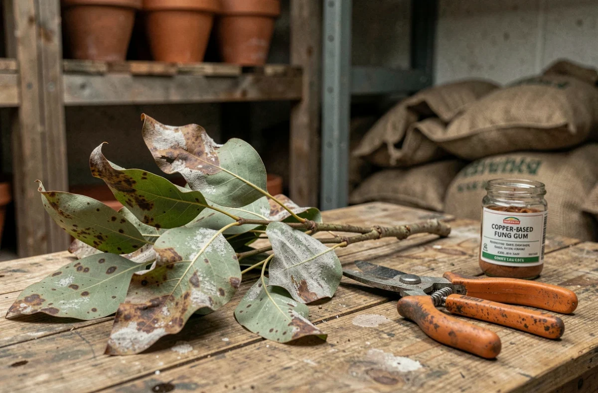 Branches malades d'un Cider Gum avec lésions rouille et oïdium posées sur un établi de jardinage avec sécateur et fongicide