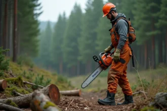 Bûcheron équipé d'un EPI complet tenant une tronçonneuse STIHL MS 211 en forêt, illustrant l'ergonomie et la sécurité d'utilisation