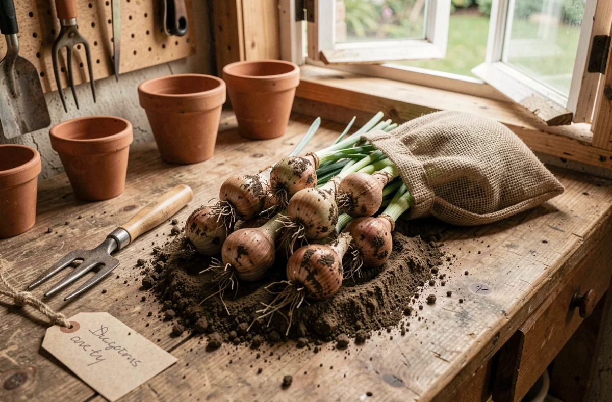 Bulbes de jonquilles déterrés après floraison posés sur un établi en bois avec outils de jardinage