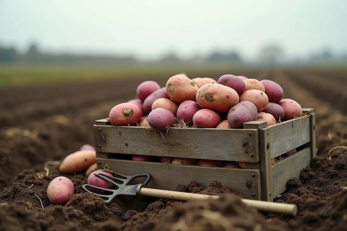 Caisse en bois remplie de pommes de terre de différentes variétés posée dans un champ agricole après la récolte