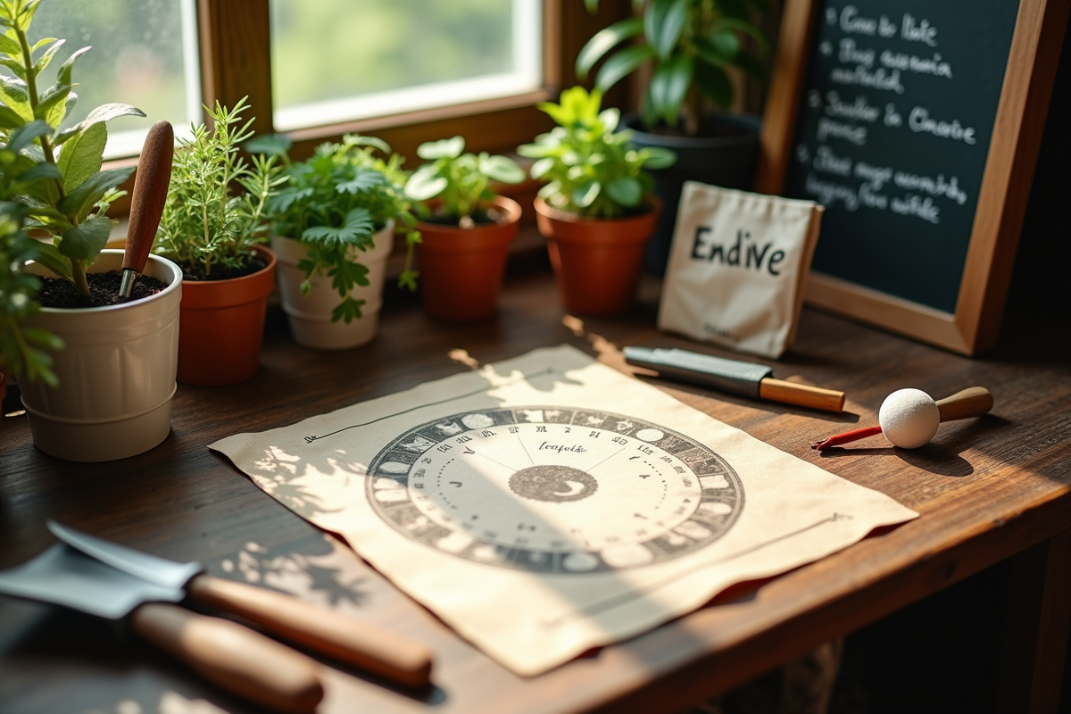Calendrier des phases de lune avec outils de jardinage et semences