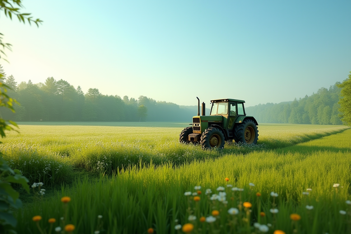 Paysage campagne verte avec vieux tracteur en action