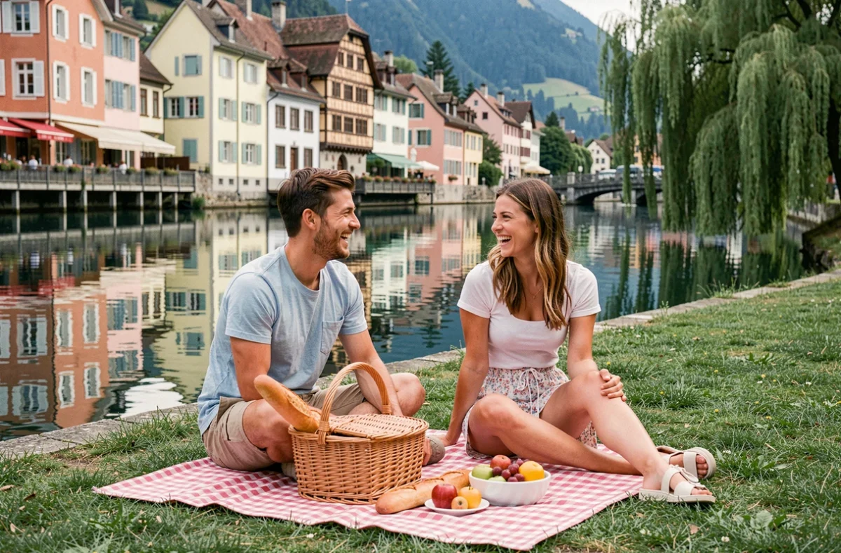 Couple en pique-nique au bord du Canal du Thiou avec les bâtiments colorés de la Vieille Ville d'Annecy en arrière-plan