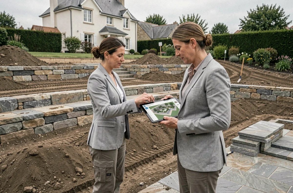 Architecte paysagiste de CBA Paysage supervisant la création de terrasses dans un jardin résidentiel des Yvelines