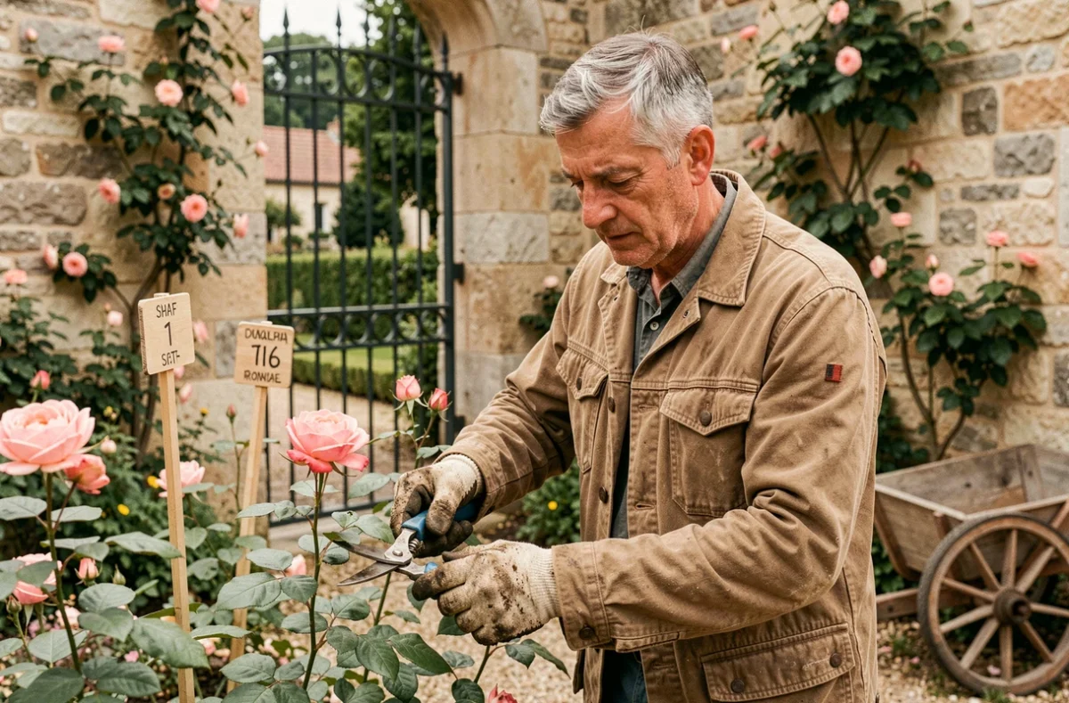 Frédéric Ceresa, jardinier indépendant en veste de travail, taillant des rosiers dans un jardin résidentiel traditionnel avec des murs en pierre