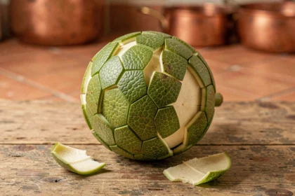 Fruit de ceriman mûr sur une table en bois rustique, avec les écailles qui se décollent révélant la chair ivoire prête à consommer