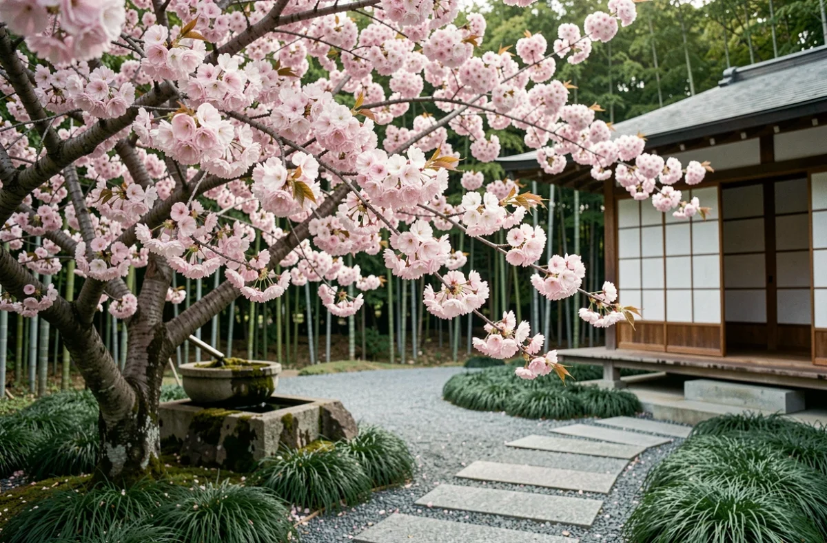 Cerisier japonais en fleurs au-dessus d'un chemin de jardin menant à un pavillon traditionnel