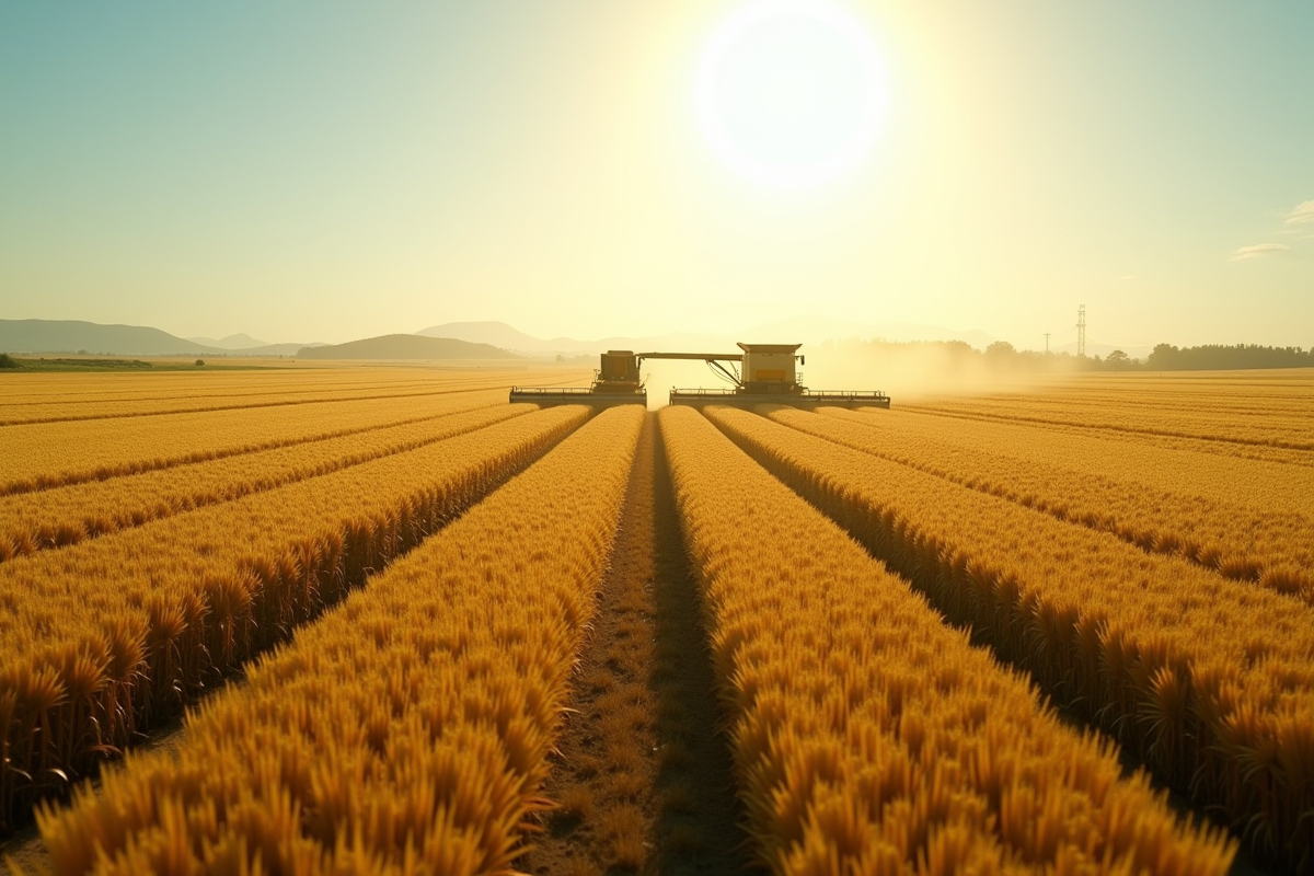 Champ de cultures avec machine agricole moderne