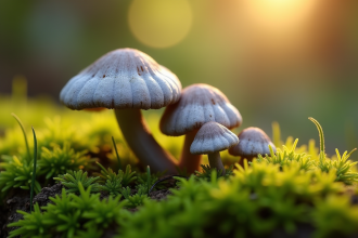Champignons chanterelle gris parmi la mousse verte en jardin