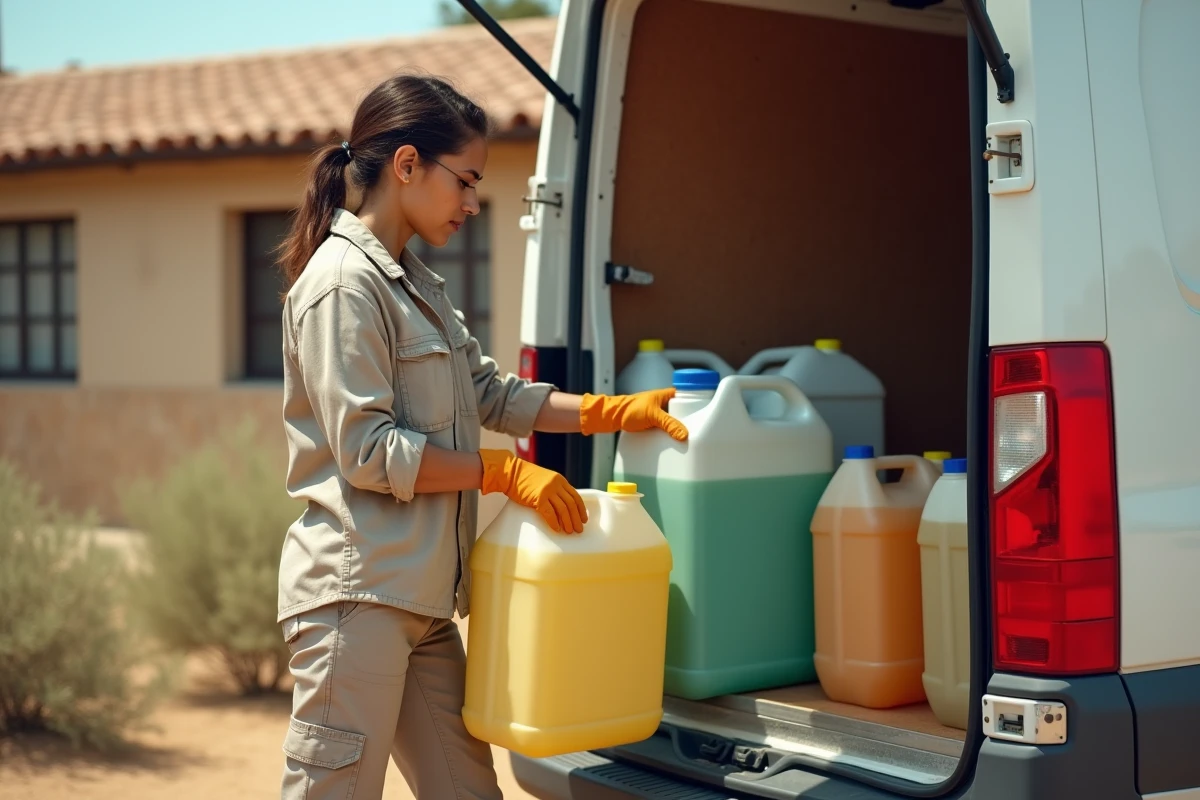 Femme agricultrice chargeant des bidons d'herbicide dans un véhicule utilitaire devant une coopérative agricole espagnole