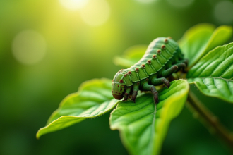Gros plan d'une chenille sphinx sur une feuille verte