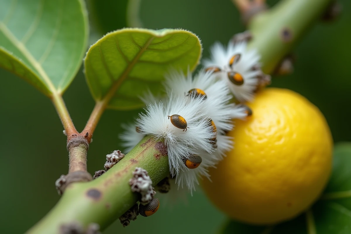 Gros plan de cochenilles farineuses sur une branche de citronnier avec filaments blancs visibles