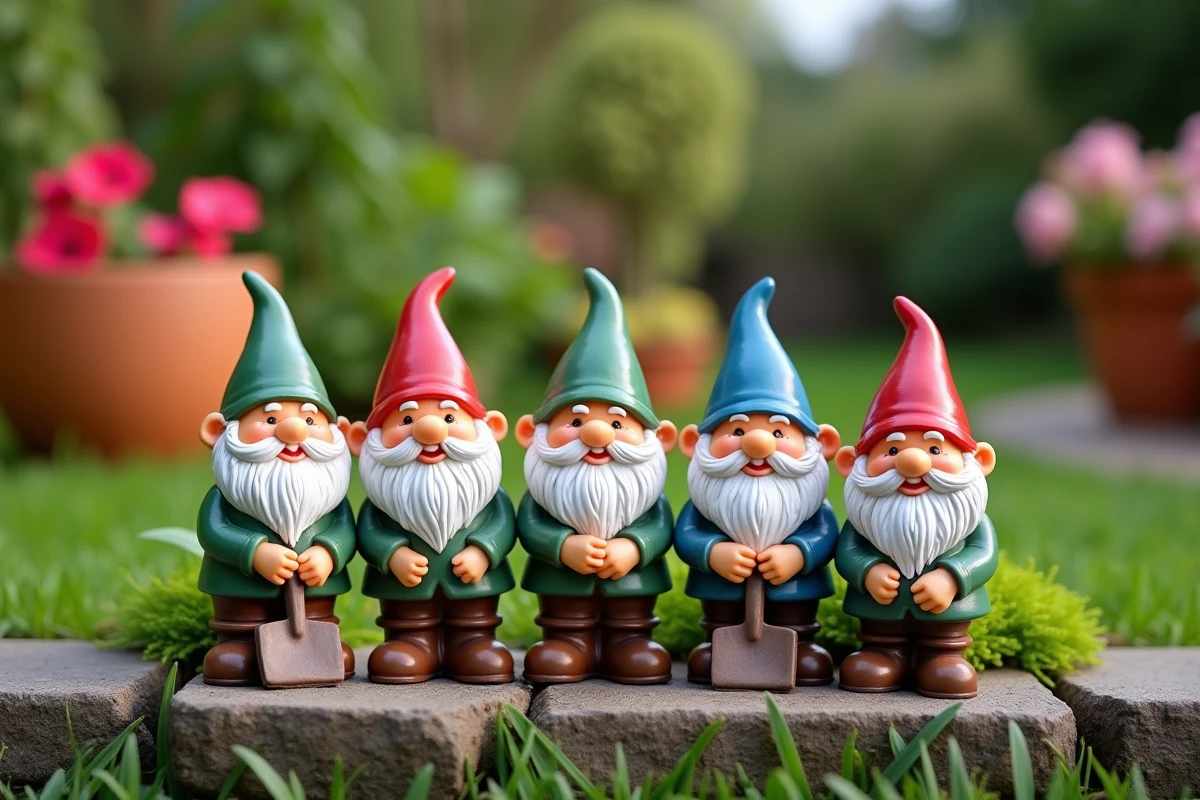 Collection de cinq nains de jardin colorés alignés sur un muret en pierre dans un jardin fleuri