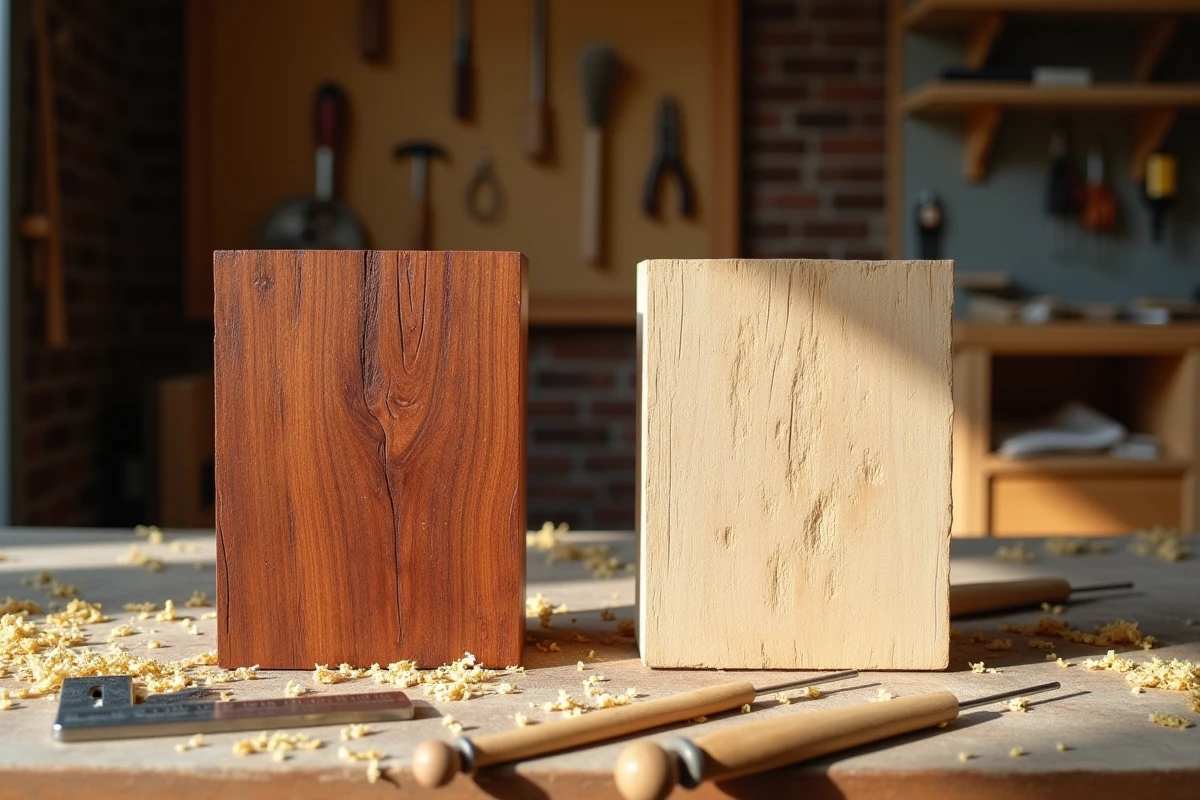 Comparaison côte à côte d'un bois de sculpture tendre et d'un bois d'ébénisterie dense sur un établi d'atelier