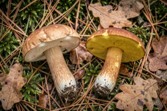 Comparaison côte à côte entre un bolet comestible et un bolet à chair jaune sur le sol d'une forêt européenne, vue de dessus macro