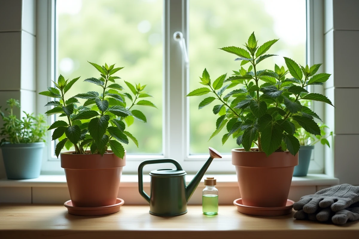 Comparaison entre un plant de menthe sain et un plant aux feuilles noircies sur un rebord de fenêtre de cuisine, avec un arrosoir et un produit de traitement pour plantes